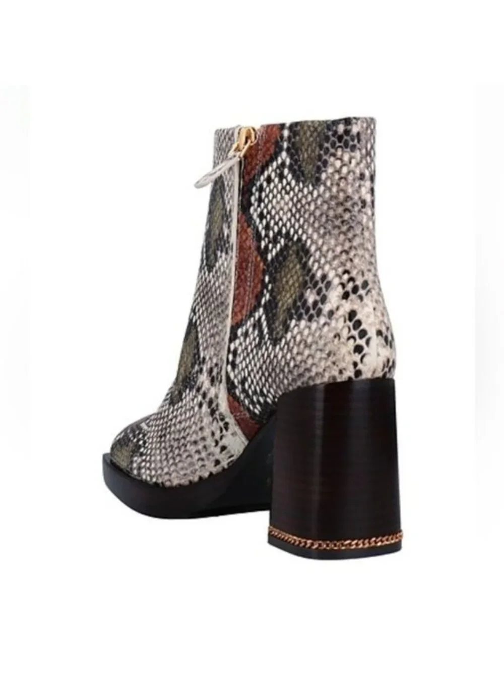 Tory Burch Ruby Python-Embossed Ankle Boots Size 8 Aspen Block Heel Chain Accent